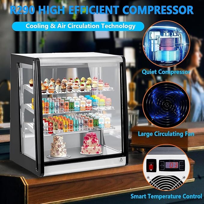Display Refrigerator 7 Cu. Ft Countertop Commercial Cake Display Case, LED Lighting, Double-Layered Glass Door, Adjustable Shelves, Pastry Cooler Merchandiser for Bakery Café Restaurant Food Showcase