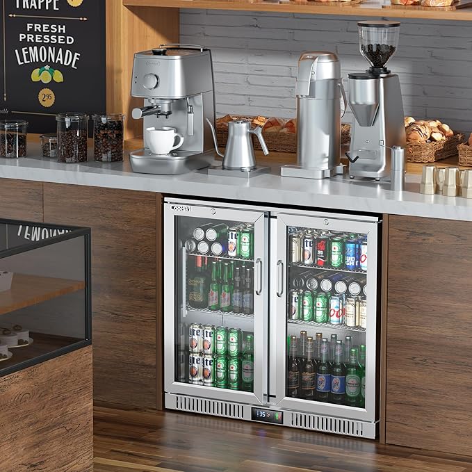 Coolski 36 Inch Back Bar Cooler, Under Counter Beverage Refrigerator with Glass Doors, Commercial Counter Height Display Fridge for Beer Soda, 7.4 Cu.Ft. Capacity/LED Lighting/ETL NSF Approved