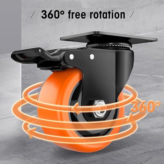 Casters, 3" Caster Wheels, Orange Polyurethane Castors, Top Plate Swivel Wheels, Casters Set of 4, Locking Casters for Furniture and Workbench, Heavy Duty Casters, 4 Pack Casters with Brake