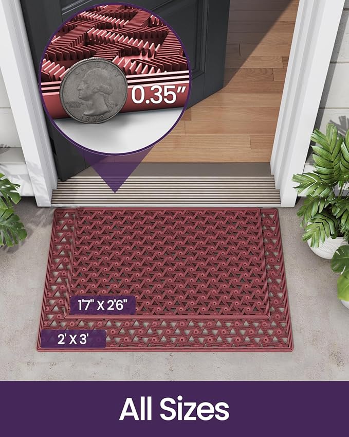 DEXI Front Door Mat Outside Entrance Rubber 19x30, Welcome Floor Doormat Heavy Duty Non Slip, Dirt Trapper Waterproof Exterior Entry Mats All Weather for Patio Entryway Drainage, Red