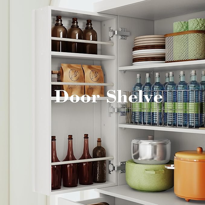 IRONCK Kitchen Pantry Cabinet 72" Height, Freestanding Cupboard with Drawer, Sliding Storage Rack, and 6 Hanging Shelves for Dining Room, Laundry, White