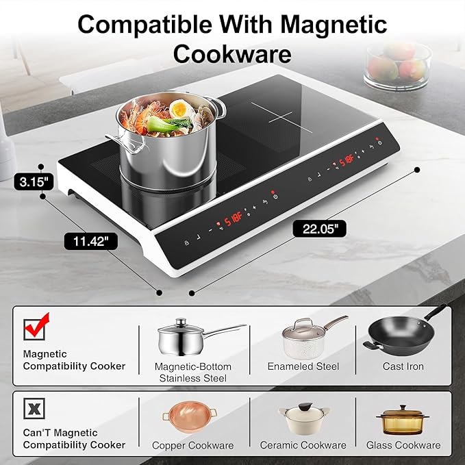 Double Induction Cooktop, 4000W 2 burner Induction cooktop with LED Touch Screen 10 Levels Settings with Child Safety Lock & Timer 110V Electric burner with hot plate