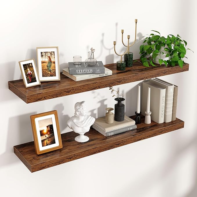Floating Shelves for Wall 36"W x 7.8"D x 1.5"H, Engineered Wood Wall Shelves with Invisible Brackets for Living Room Bedroom Bathroom Office Kitchen Decor and Storage, Rustic Brown Finish, Set of 2