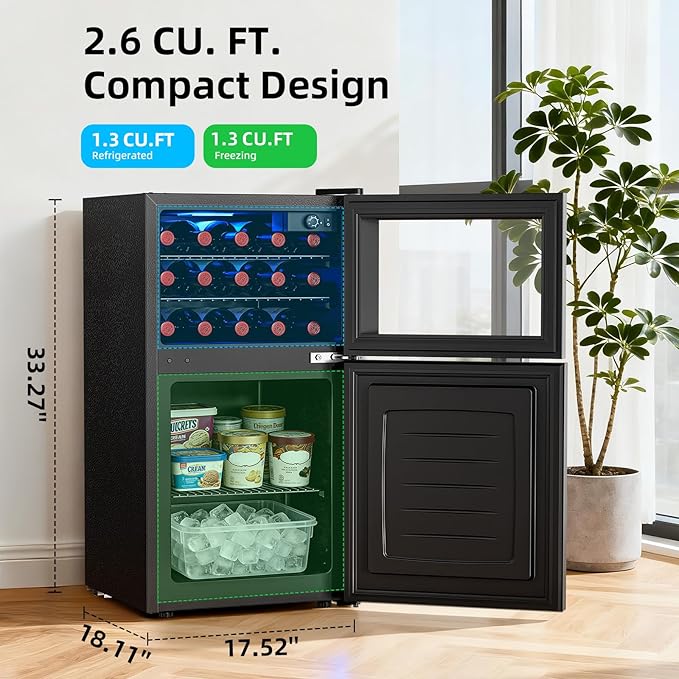 Antarctic Star 2.6 Cu. Ft. Mini Fridge with Freezer, Compact Refrigerator with Temperature Control, Reversible Door, LED Light, Energy Efficient for Home/Office/Bar/Bedroom
