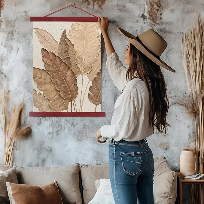 Artmag 2 Pack Magnetic Poster Hanger Frame, 11x14 11x17 11x22 Light Wood Wooden Magnet Canvas Artwork Print Dowel Poster Hangers Frames Hanging Kit (Mahogany, 11",2 Packs)