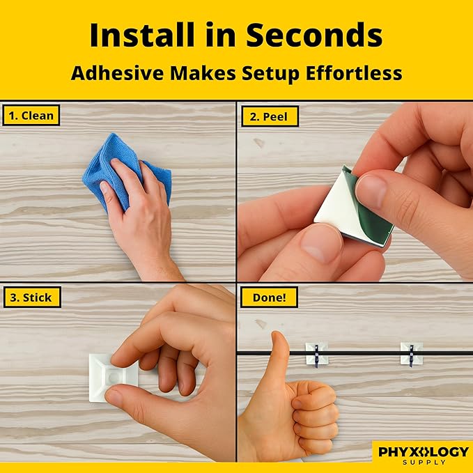 Large, Premium Zip Tie Adhesive-Backed Mounts 100 Pk by Phyxology Supply. Pro-Grade, UV White Cable Tie Bases: 1.1 in x 1.1 in. Screw-Hole Anchor Point Gives High-Strength Durability for Long-Term Use