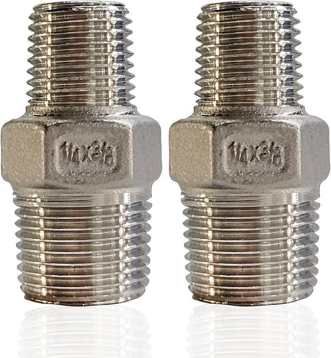 ZOUNI Reducing Hex Nipple, 304 Stainless Steel 3/8" NPT Male x 1/4" NPT Male Pipe Fitting Reducer Nipple Adapter 2000psi Reducer Straight Connector (2pcs, 3/8-1/4)