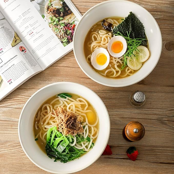 Serving Bowls Set of 2, 9 Inch Large Ceramic Mixing Bowls for Kitchen, Perfect for Salad Pasta Soup Pho Popcorn Baking Cooking, Ideal for Daily Meals Party Dinner Entertaining, Arctic White