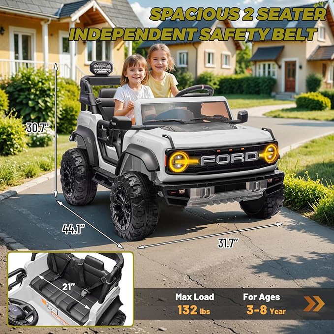 ENYOPRO 24V 2 Seater Ride On Toys for Kids, Licensed Ford Bronco Raptor Toddlers Electric Ride On Car w/Remote Control, Safety Belt, LED Lights, Spring Suspension, Bluetooth Music, 3 Speed, White