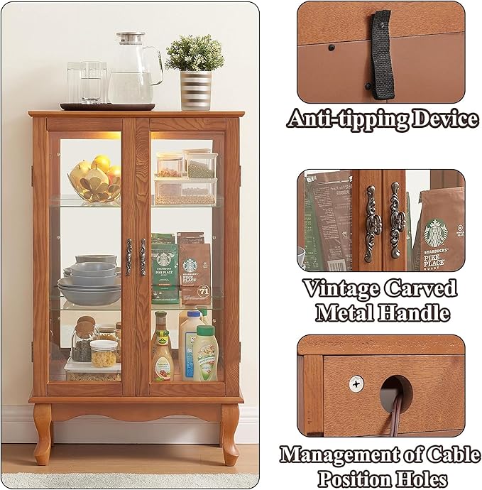 43" H Lighted Curio Cabinet Display Case with Light Bulb, Glass Curio Cabinet with Adjustable Shelves & Tempered Glass Door, Wooden Cabinets w/Mirrored Back Pane for Living Room(Oak)