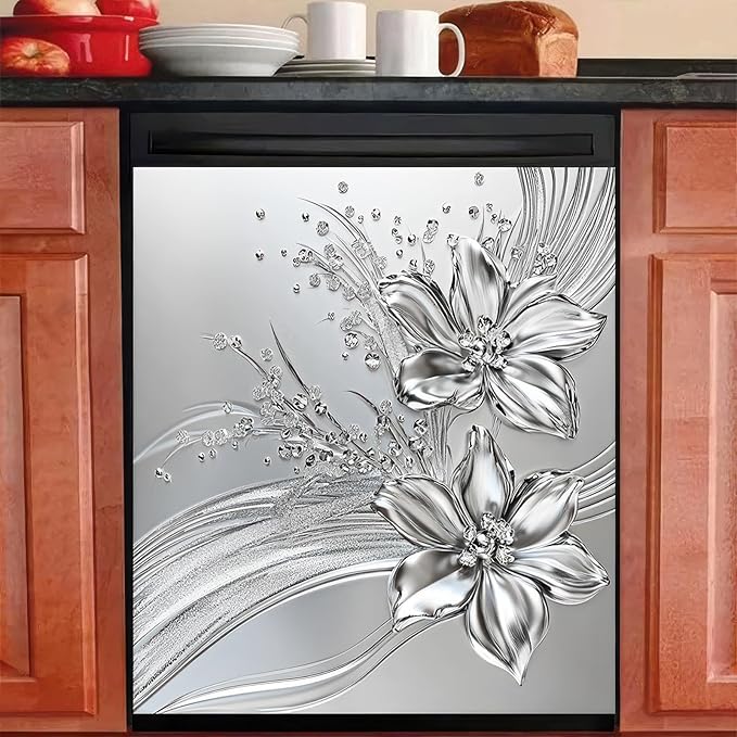 Flowers Dishwasher Magnet Cover 23x26 Inch Silver Floral Refrigerator Sticker Washer Kitchen Decor Floral Magnets Kitchen Decorative Sticker Refrigerator Magnets Decor Appliance Panel