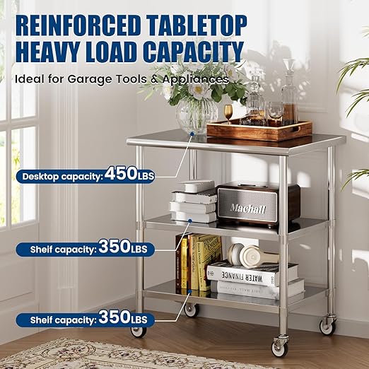Stainless Steel Work Table with Wheels, 24x36 Inch NSF Kitchen Prep Table with 2 Adjustable Undershelves for Commercial Restaurant, Garage, Outdoor BBQ