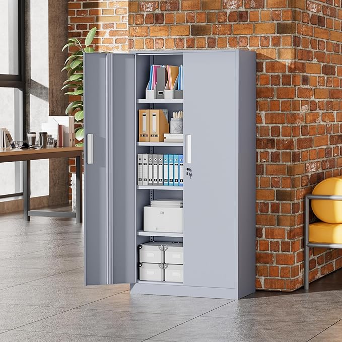 Greenvelly Metal Garage Storage Cabinet with 2 Doors and 4 Adjustable Shelves, 72”H Steel Lockable Storage Cabinet,Tall Metal Cabinet Locking File Cabinet for Office,Home, Garage, Gym, School