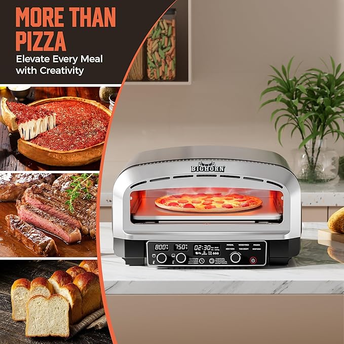 BIG HORN OUTDOORS Pizza Oven Indoor, 14 Inch Electric Countertop Pizza Oven with 6 Preset Modes, Perfect Pizza Maker Machine for Home, Pizza Cooker with Pizza Stone and Pizza Peel, Stainless Steel