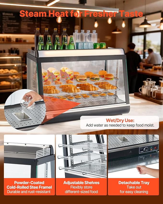 VEVOR 3-Tier Commercial Food Warmer Display, 1400W Food Display Warmer with LED Light, Top Storage and Adjustable Shelves, 86℉~185℉ Steam Heating, 105L for Hamburger, Pizza, Bread, Fried Chicken