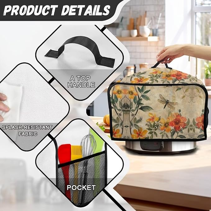 Vintage Flower Slow Cooker Dust Cover Oval 6-8 Qt Dragonfly Crock Pot 6-8 Quart Slow Cooker Cover Dust Cover Fits for Most 6-8 Quart Oval Slow Cooker Convenient