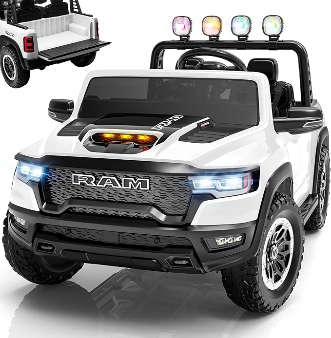 ENYOPRO 24V 2 Seater Ride on Car for Kids, Licensed RAM 1500 RHO Ride on Truck w/Remote Control, Toddlers Electric Car w/LED Lights, Bluetooth, Soft Start, 4-Wheel Suspension, Rear Cargo Bed (White)