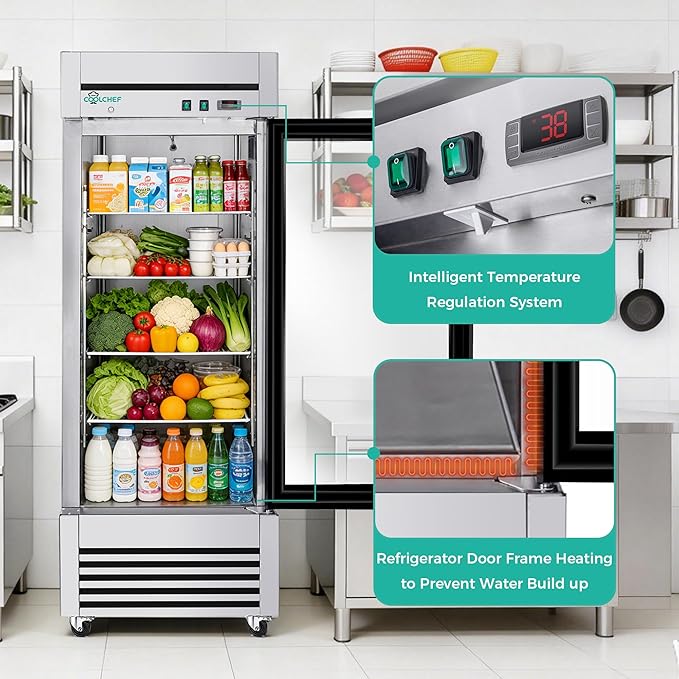 COOLCHEF 27" Commercial Glass Door Refrigerator, 23 Cu.Ft Single Door Reach-In Cooler, 33-40℉, Low-E Tempered Double Glass, 4 Shelves, R290