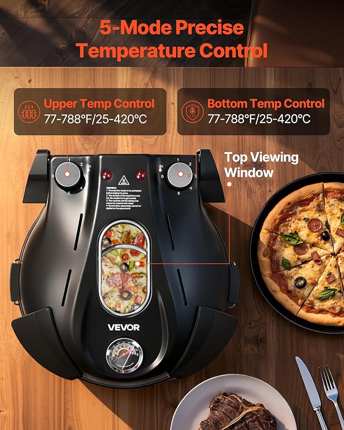 VEVOR Indoor Pizza Oven, 12-Inch Electric Pizza Maker, 788°F Countertop Cooker with 5 Modes, 1200W Dual Temp Controls, Thermometer & Viewing Window, Compact Home Baker Pan for Crispy Pizza, Black