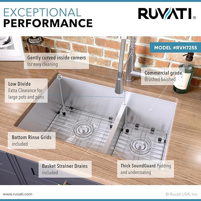 Ruvati 28-inch Low-Divide Undermount Tight Radius 60/40 Double Bowl 16 Gauge Stainless Steel Kitchen Sink - RVH7255
