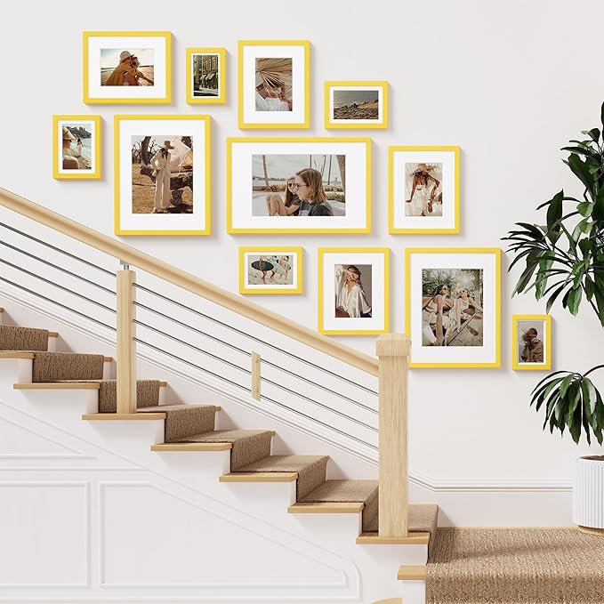 Vittanly 8x10 Picture Frame Set of 2, Solid Wood Frame for Wall or Tabletop, Display Photo 5x7 with Mat or 8x10 without Mat, Yellow