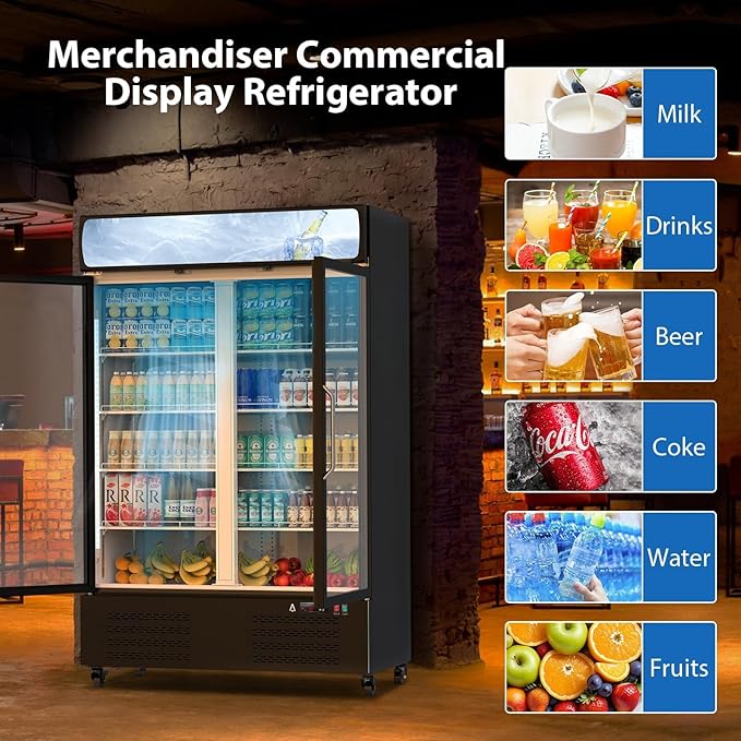 PeakPursuit 36.3 Cu.ft Commercial Beverage Refrigerator, Glass Door Upright Display Cooler, LED Light, Double Swing Doors, Adjustable Shelves, for Store, Restaurant, Bar, Office, Home
