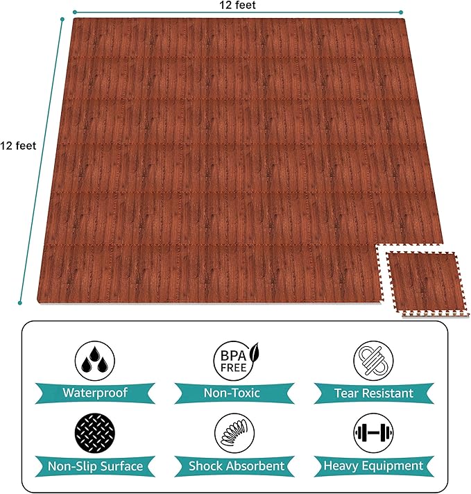 Sorbus Wood Grain Floor Tiles Foam Mat EVA Interlocking Mats Tile 3/8-Inch Thick Flooring Wood Puzzle Exercise Mats w/Borders - Home Playroom Basement, Apartment, Trade Show, Baby, Dance