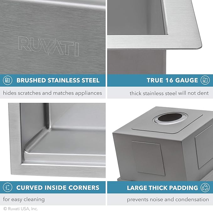 Ruvati 24-inch Undermount Rounded Corner Workstation Kitchen Sink Single Bowl – 16 Gauge Stainless Steel Kitchen Sinks with Brushed Finish hides scratches, Easy-to-Clean - RVH8324