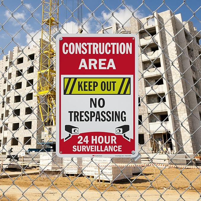 SmartSign 18 x 12 inch “Construction Area - Keep Out, No Trespassing, 24 Hour Surveillance” Metal Sign, 63 mil Aluminum, 3M Laminated Engineer Grade Reflective Material, Multicolor