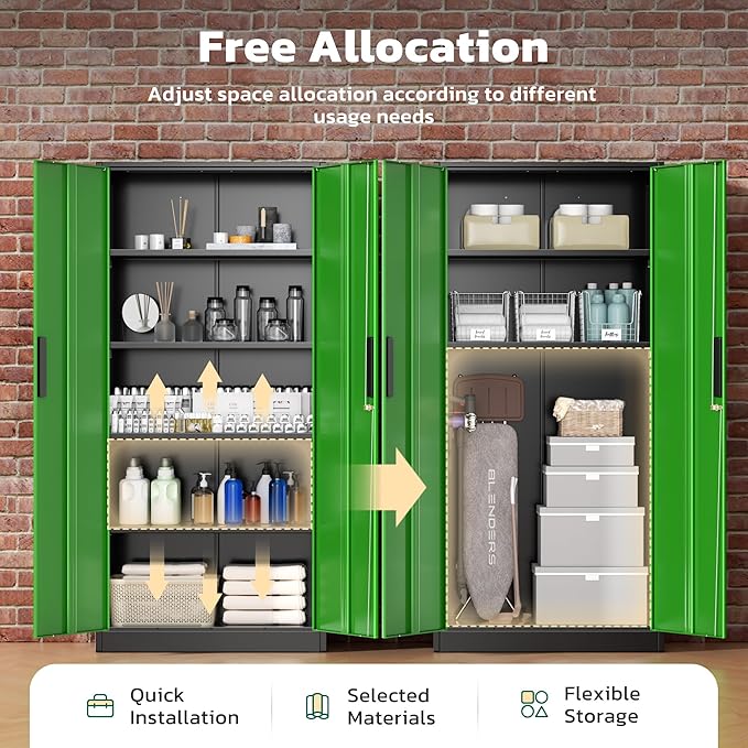 Greenvelly Metal Garage Storage Cabinet with 2 Doors and 4 Adjustable Shelves, 72”H Steel Lockable Storage Cabinet,Tall Metal Cabinet Locking File Cabinet for Office,Home, Garage, Gym, School