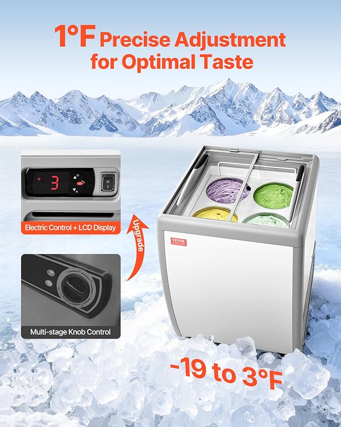 VEVOR Commercial Ice Cream Display Case, 5.6 Cu.ft Chest Freezer, Restaurant Gelato Dipping Cabinet Top Deep Freezer with Locking Casters, Sliding Glass Door, LED Lighting, Hold 4 Ice Cream Tubs