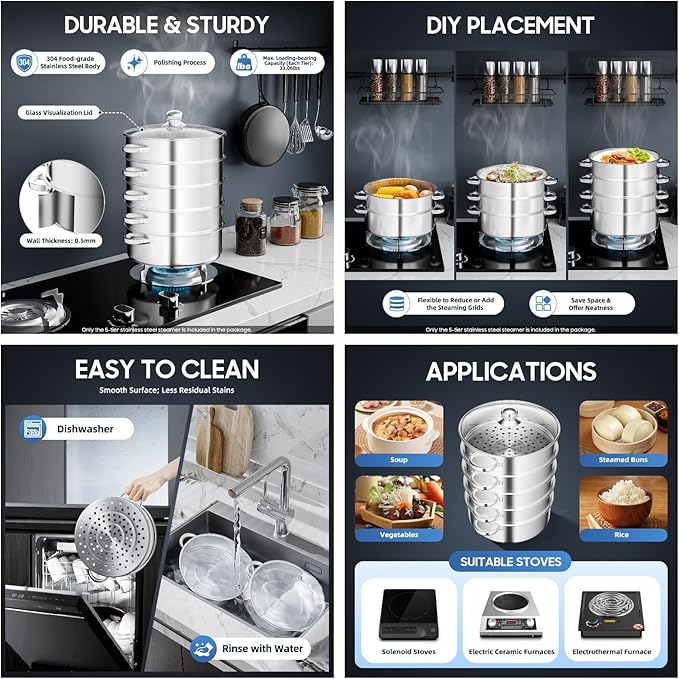Steamer 28cm/11.02in, 5-tier Stainless Steel Steam Cooker w/Clear Glass Lid & Handles, Home Round Stackable Multipurpose Steam Pot for All Stoves, 13.77 * 15.35in (1xBottom Pot, 4xSteaming Baskets)
