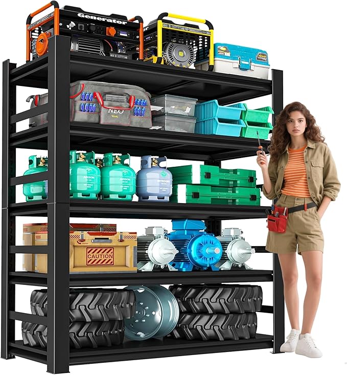 72" H Metal Garage Shelving Unit, 5-Tier Heavy Duty Storage Shelves, 3000 lbs Capacity, Adjustable, Industrial Steel Utility Shelf for Garage, Workshop, Basement, 35" Wx16 D, Black