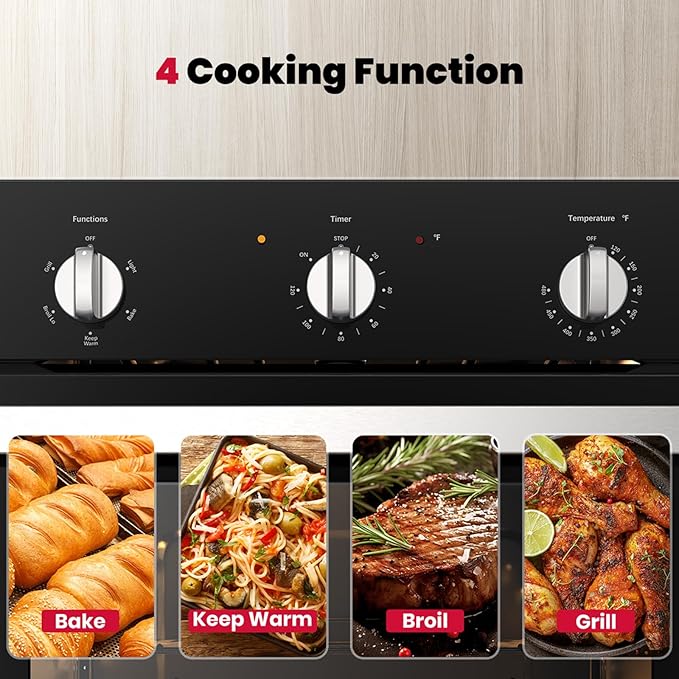 24 Inch Electric Wall Oven, GASLAND Built-in Oven with 2.79 Cu.ft Capacity, 5 Working Functions, Ergonomic knob, Removavle Triple-Layer Glass Door, 2200W Black Single Wall Oven, ETL Certified