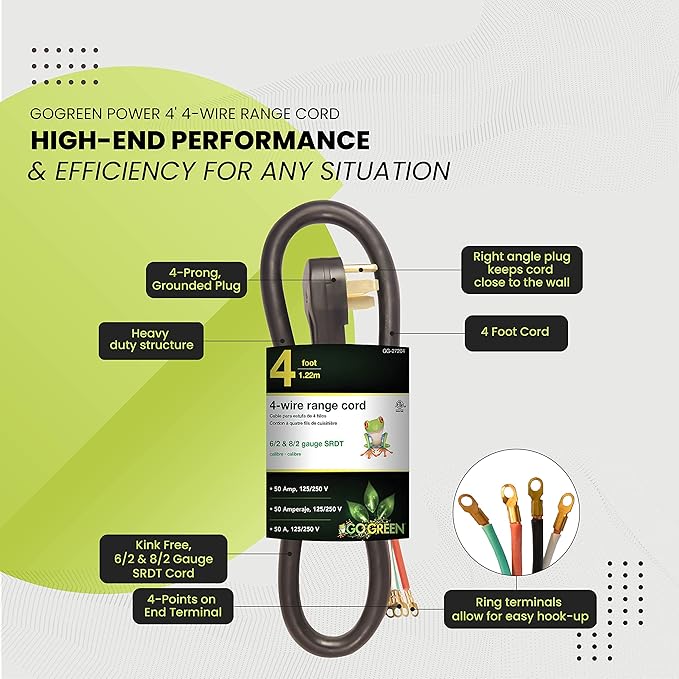 GoGreen Power (GG-27204) 4' 4-Wire Range Cord, 50 Amp, 4 Ft.