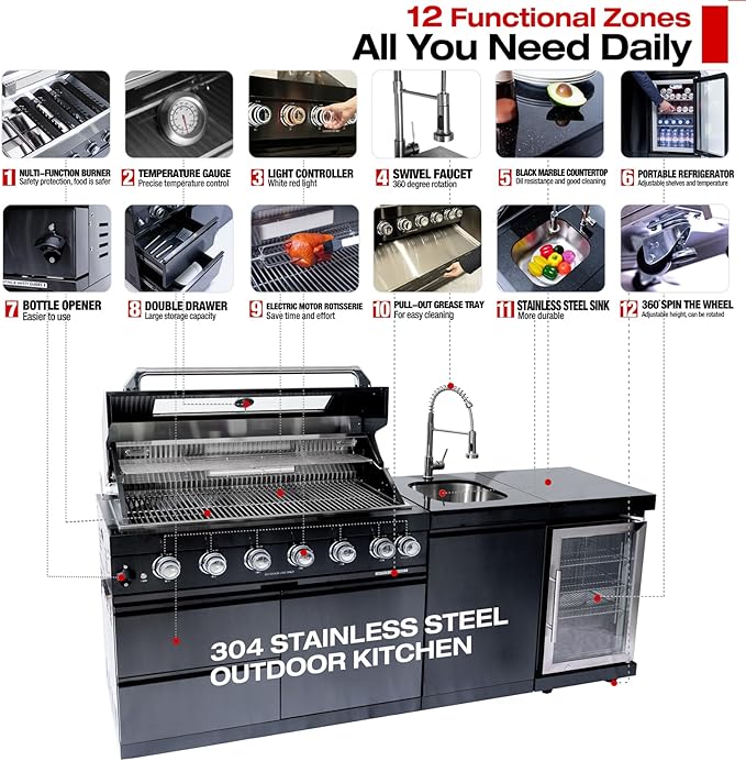 Outdoor Kitchen Island, 82 Inch 85000 BTU Gas Grill Combination With Refrigerator and Sink, Outdoor Stainless Steel Barbecue Bar, Natural Gas Barbecue Grill for Patios, Gardens, Parties