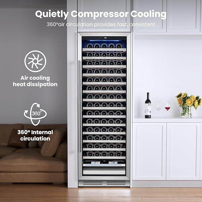 Yeego 24 Inch Wine Cooler Fridge – Wine Refrigerator 40°F-65°F, 304 Stainless Steel Glass Door Lock, Temperature Memory Blue & White LED Built-in Fridge with Adjustable Shelves (165 Bottle)