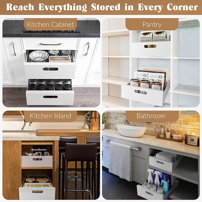 1 Pack | 21" Deep Pull Out Cabinet Organizer Adhesive, 10-Inch Wide Sturdy Carbon Steel Roll-Out Drawers for Face Frame or Frameless Cabinets,Slide-Out Shelves for Pantry.
