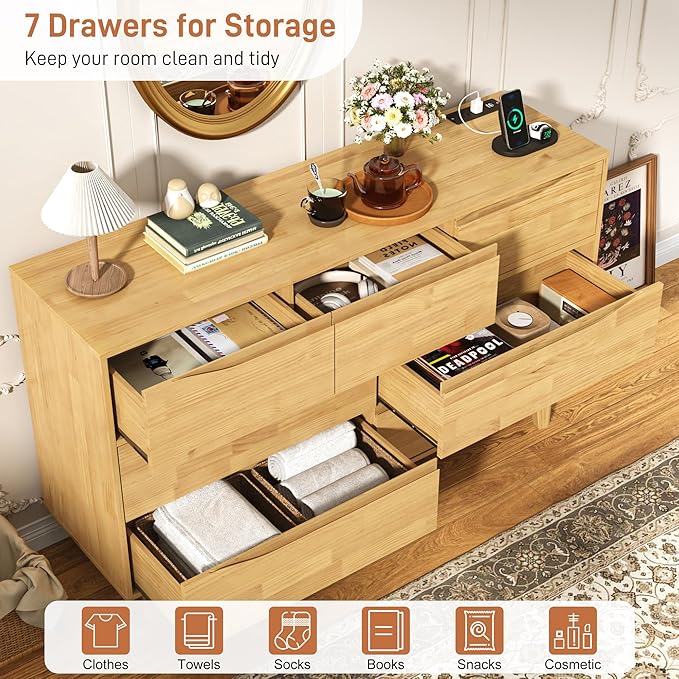 55”Solid Wood Drawers Dresser with Power Outlets, 7 Drawer Dresser for Bedroom, Mid Century Modern Vintage Large Chest of Dresser for Hallway, Entryway,Cutout Handle, Storage Essentials, Natural