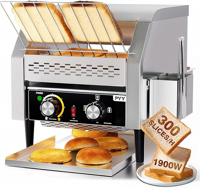 PYY Commercial Conveyor Toaster - 300 Slices/Hour Restaurant Conveyor Toaster for Bun Bagel Bread, Heavy Duty Stainless Steel 1900W, 110V