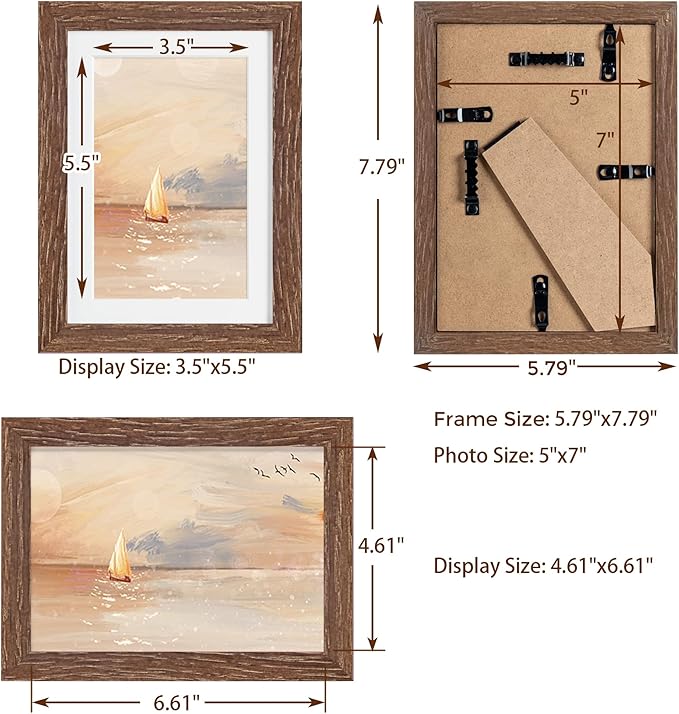 Fun Memories 5x7 Picture Frame, Solid Oak Wood 5 x 7 Frame with Plexiglass, 5 by 7 Photo Frame for Wall & Tabletop Display, 5x7 Picture Frame Matted to 4x6, Walnut Color, 3 Pack