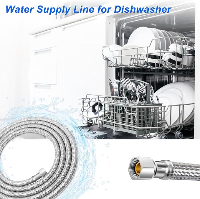 10FT Stainless Steel Braided Water Supply Line for Dishwasher, Brass 3/8 Inch Compression x 3/8 Inch Compression Connections, Food Grade PEX Inner Tube Water Hose
