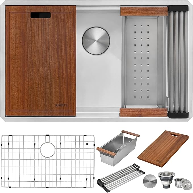 Ruvati 28-inch Undermount 16 Gauge Stainless Steel Workstation Kitchen Sink Single Bowl – Soundproof Multifunction Chef Sink with Cutting Board & Accessories, Brushed Finish Hides Scratches – RVH8309
