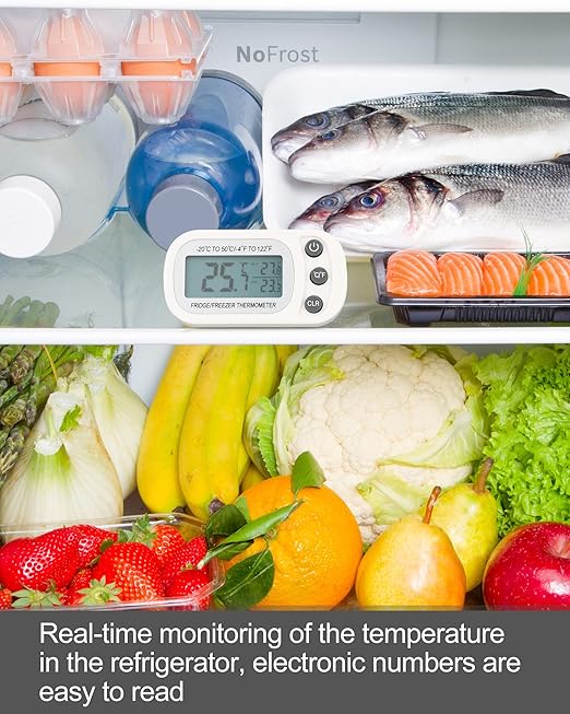 Frienda 8 Pack White Digital Fridge Thermometer Waterproof Refrigerator and Freezer Room Max/min Record Function LCD Screen Refrigerator Thermometer with Hook and Magnetic Back for Home