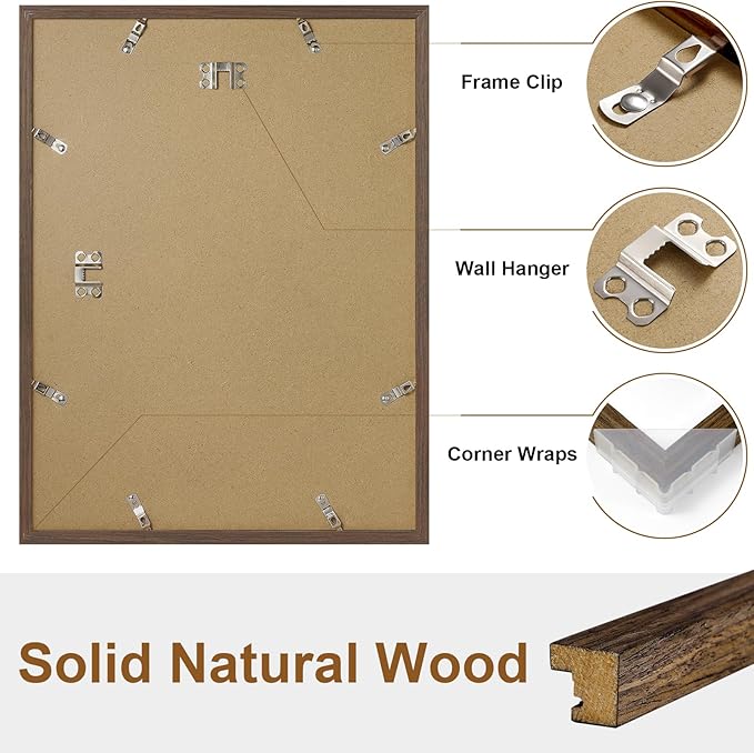 Vittanly 12x16 Picture Frame Set of 2, Solid Wood Frame for Wall Art Photo and Prints, Display Photo 8.5x11 with Mat or 12x16 without Mat, Brown