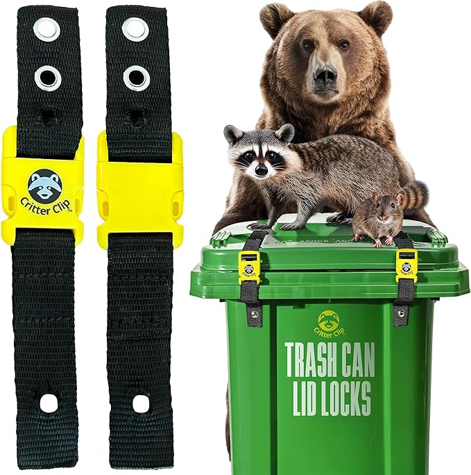 Critter Clips The Original Trash Can Locks for Animals, Easy to Install Bear Proof Trash Can Lock for Outdoor, Heavy Duty Raccoon Proof Garbage Lid Straps with Strong Buckles for Tight Closure, 2PCS