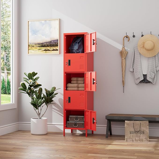 METAN Metal Storage Employees Locker with 5 Lockable Doors,Locking Storage Cabinets for Small Spaces,Home,School,Gym,Assembly Required,Red