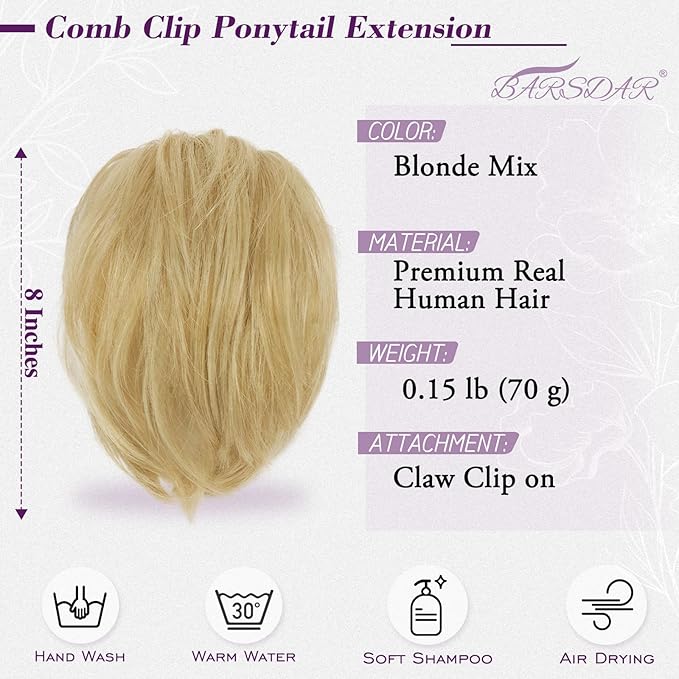 BARSDAR Claw Clip Short Human Hair Ponytail Extension with Bendable Metals - DIY Styles 8 Inch Real Human Hair Messy Bun Hairpieces for Women - Thick Natural Short Blonde Ponytail Daily Wear