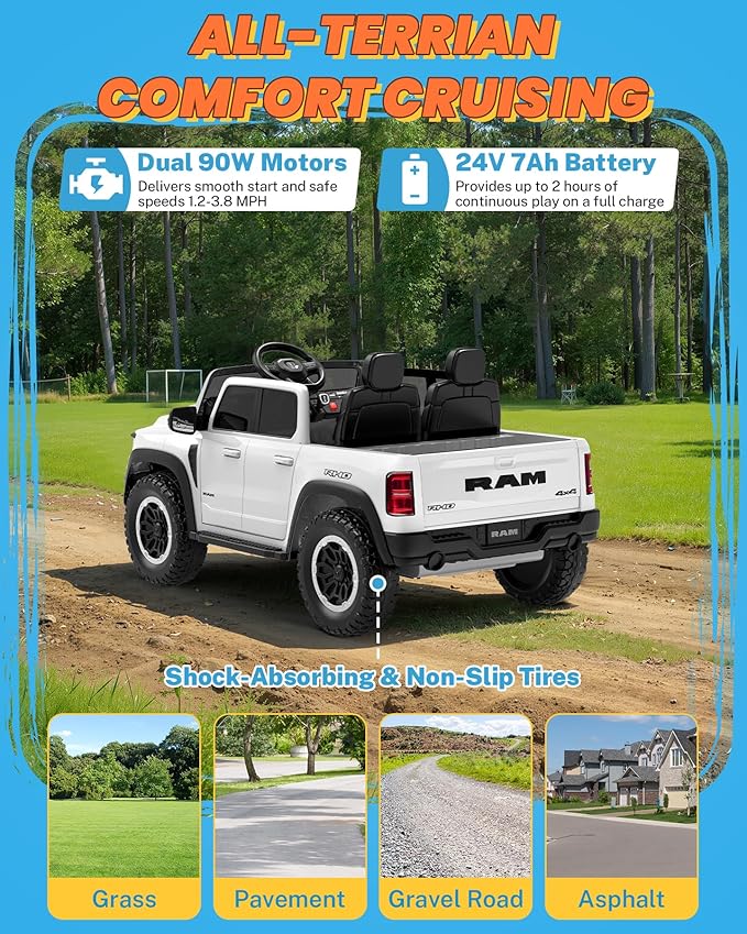 ENYOPRO 24V Ride on Toys for Big Kids, Licensed RAM 1500 RHO 2 Seater Toddler Ride on Car w/Remote Control, Kids Electric Car w/Truck Bed Storage, Real Tailgate, Music, LED Lights (White - High Door)