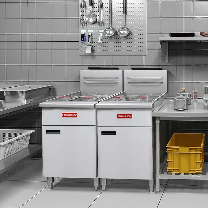 Commercial Gas Floor Fryer with 2 Baskets, 150000 BTU Natural Gas Fryer - Only Commercial Use, 5 Heating Tubes, 80 lb Capacity Deep Fryer for Restaurants, Fast Food, Food Trucks